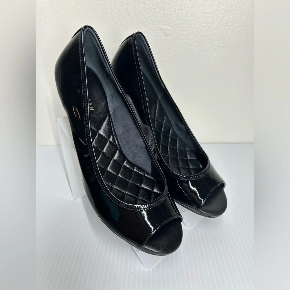 Cole Haan Womens Peep Toe Mid Wedge Slip On Pumps Black Patent Leather Size 6.5B